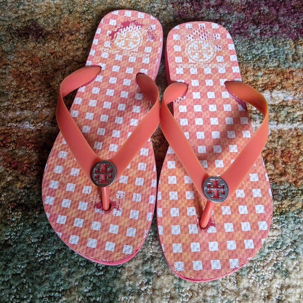 Tory Burch Orange Checkered Sandals 🧡